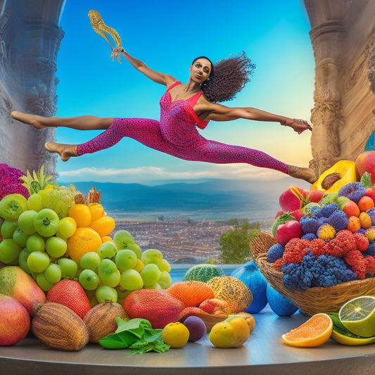 A vibrant and dynamic image featuring a dancer in mid-leap, surrounded by swirling patterns of fruits, vegetables, and whole grains, with subtle hints of a cityscape or dance studio in the background.