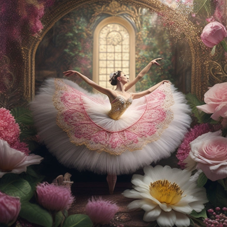 A whimsical illustration of a delicate ballerina in a flowing tutu, surrounded by intricate floral patterns and ornate filigree, set against a soft, creamy background with subtle sparkle accents.