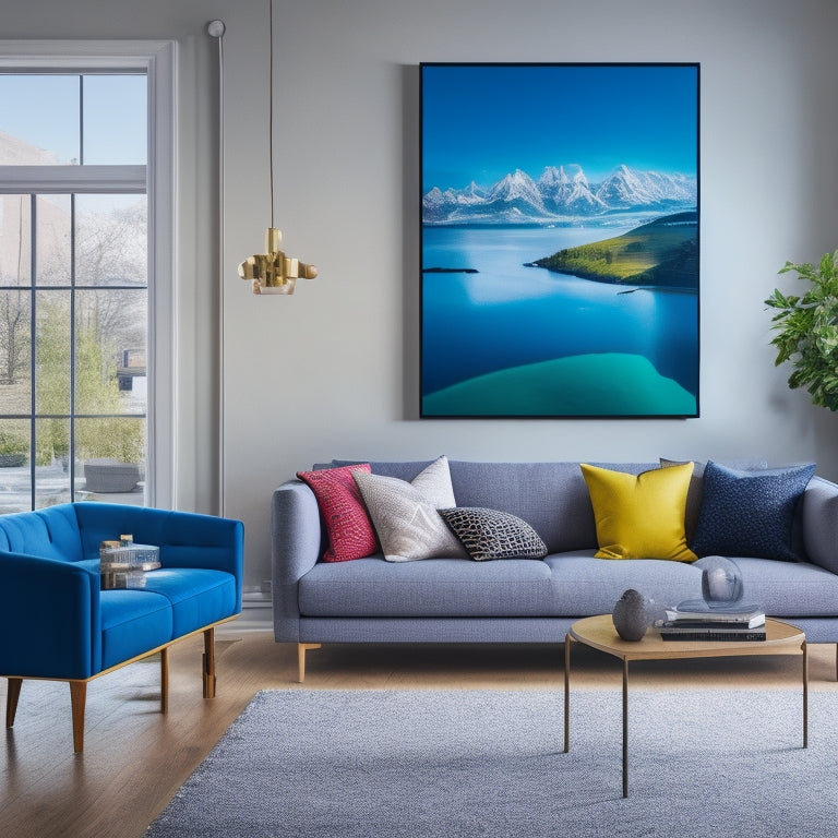 A vibrant, modern living room with a large, central dance-inspired canvas poster hanging above a sleek, low-profile sofa, surrounded by minimalist decor and plenty of natural light.