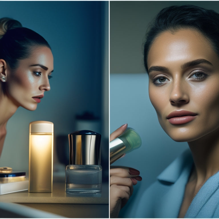 A split-screen image featuring a person with glowing, healthy-looking skin on one side, and a cluttered vanity with various skincare products and a worn-out roller on the other.