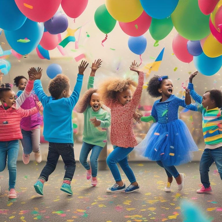 A vibrant illustration featuring a diverse group of children dancing together, surrounded by colorful confetti and balloons, with a subtle background of a school or classroom setting.