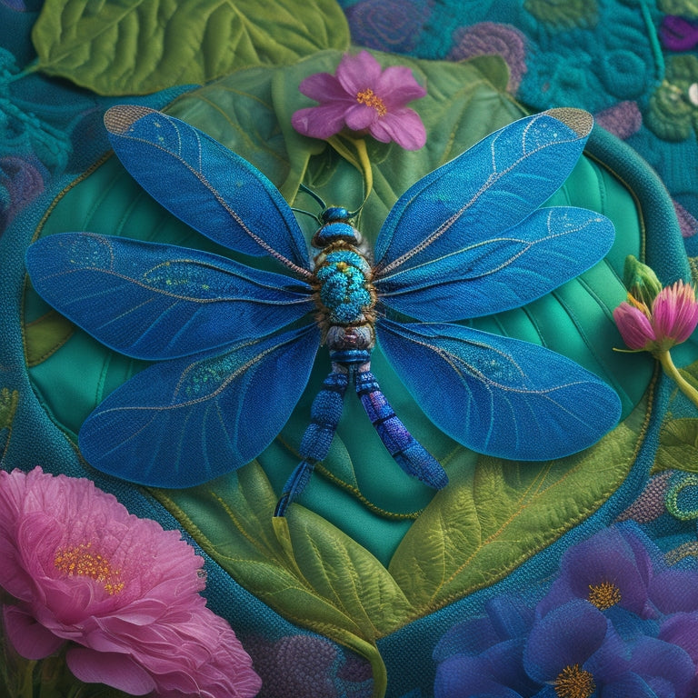 A whimsical illustration of a dragonfly perched on a quilted flower, surrounded by swirling fabrics in shades of iridescent blues, greens, and purples, with delicate threads and stitches visible.