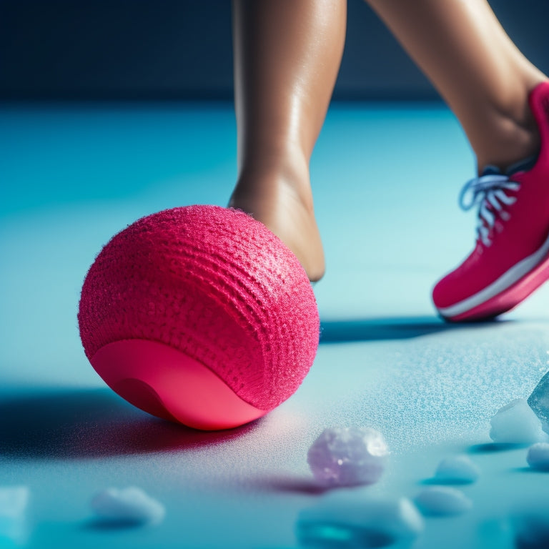 A close-up of a dancer's foot with a red, inflamed heel and a faint outline of a foot roller or tennis ball in the background, surrounded by scattered ice packs.