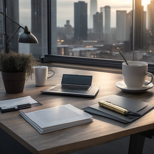 A modern, sleek desk with a laptop, a notebook, and a pen, surrounded by scattered papers and a cup of coffee, with a subtle cityscape background, conveying a sense of professionalism.