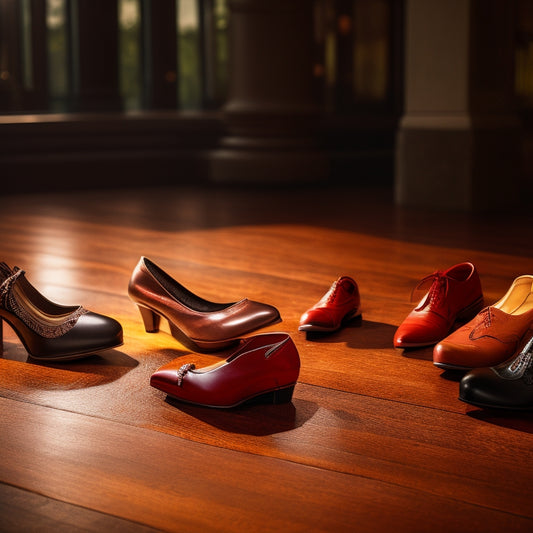 A close-up of an elegant array of character shoes in various styles—tango, jazz, and ballet—displayed on a polished wooden stage floor, with warm stage lights casting soft shadows.