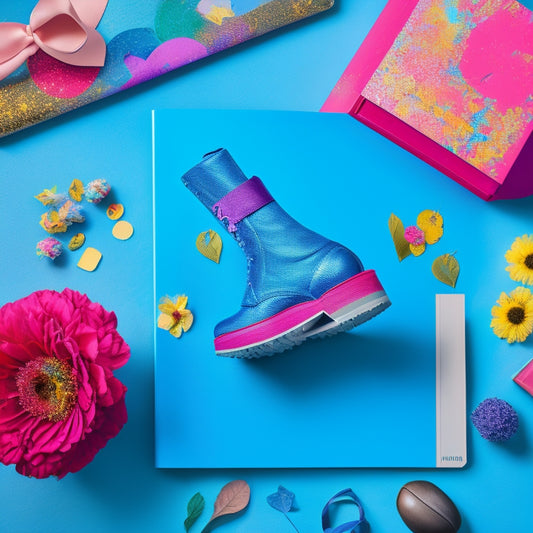 A vibrant illustration of a dancer's journal, open to a page filled with colorful stickers, notes, and sketches, surrounded by dance shoes, flowers, and confetti, set against a bright, gradient blue background.