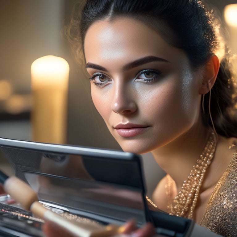 A close-up of a young woman's face, illuminated by soft, golden light, with a makeup brush poised near her eyelid, surrounded by scattered makeup products and a laptop open to a tutorial webpage.