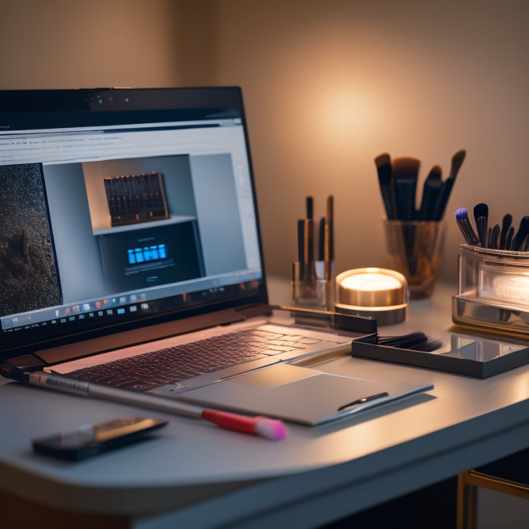 A laptop open on a vanity, surrounded by makeup brushes and palettes, with a split-screen display showing a video lesson and a course outline, amidst a softly lit, elegant background.