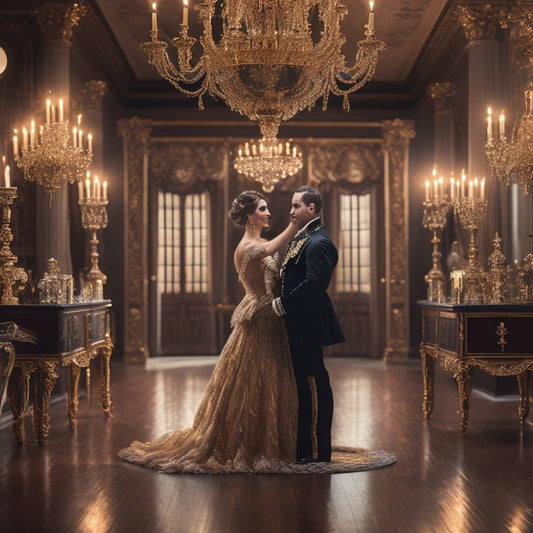 An ornate, gold-framed mirror reflects a dimly lit, lavish ballroom with a polished wood floor, where a couple in vintage attire stands poised in a elegant dance pose, surrounded by old-fashioned candelabras.