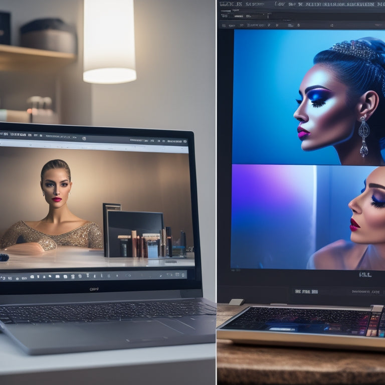 A split-screen image featuring a dance makeup artist's workstation with brushes, palettes, and mirrors on one side, and a laptop with a tutorial playing on the screen on the other side.