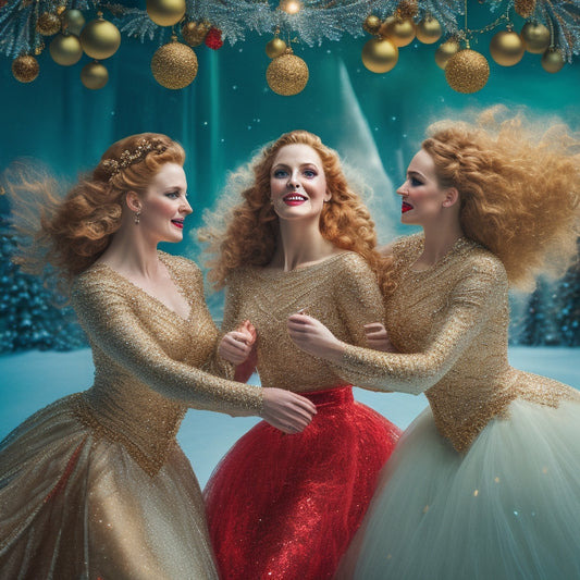 A whimsical illustration featuring a trio of ginger-haired dancers, each adorned with festive ornaments, surrounded by swirling snowflakes, ornaments, and ribbons in shades of red, gold, and cream.