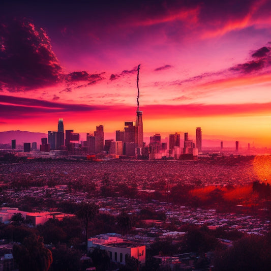 A vibrant, abstract depiction of the Los Angeles cityscape at sunset, with swirling brushstrokes of orange, pink, and purple hues, incorporating subtle musical notes and artistic splashes.