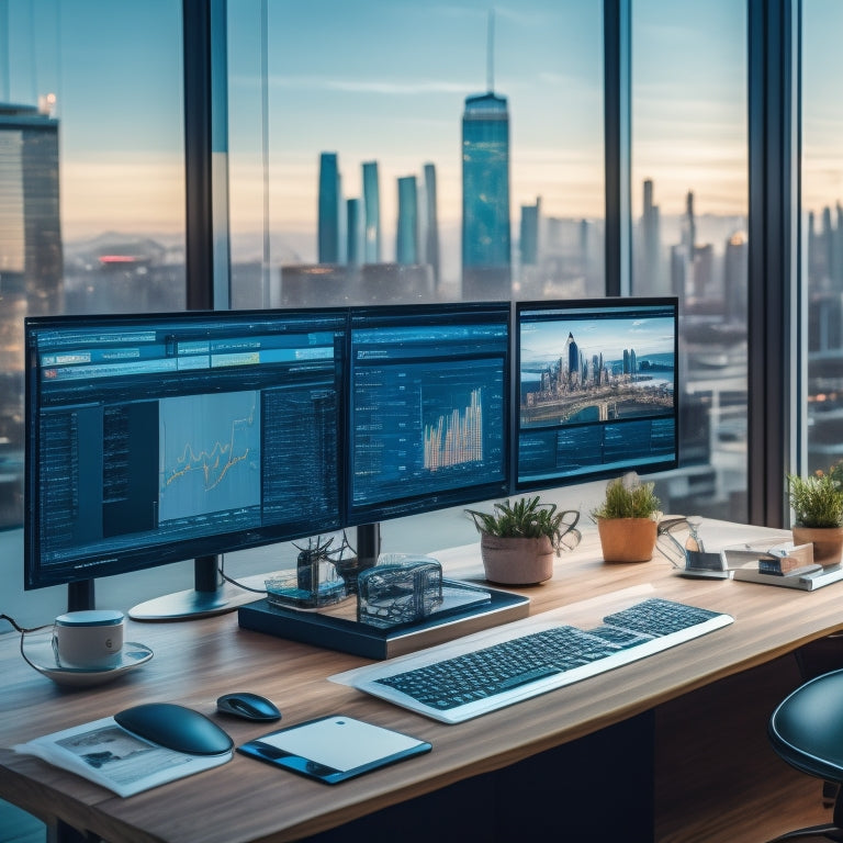 A modern, sleek desk with a laptop open to a social media dashboard, surrounded by various devices and screens displaying analytics, charts, and graphs, with a subtle cityscape background.