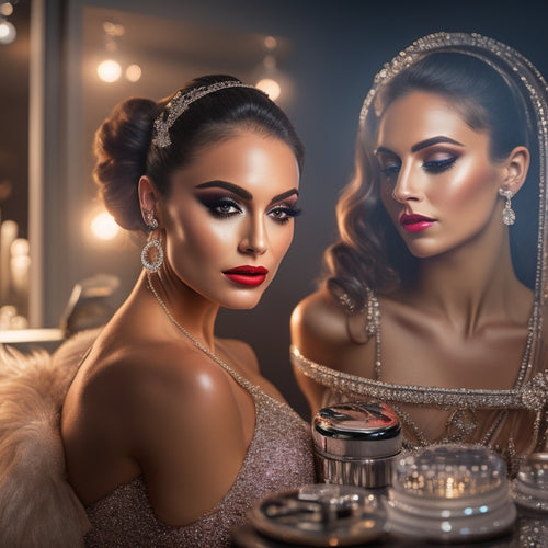 A glamorous, dimly lit dance studio with a ring light, mirrors, and a vanity filled with makeup products; a dancer, with a flawless, glittery eye look, strikes a pose in front of a camera.