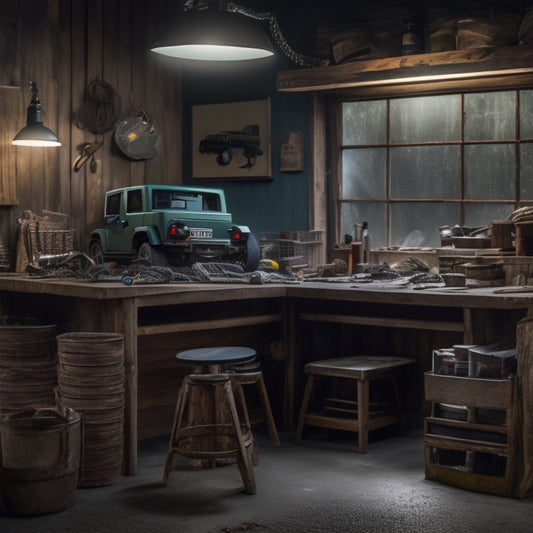 A dimly lit, rustic garage interior with a Jeep Wrangler in the center, surrounded by tools and Jeep enthusiast memorabilia, with a steering wheel prominently displayed on a workbench, surrounded by scraps of paper with scribbled notes and coffee cups.