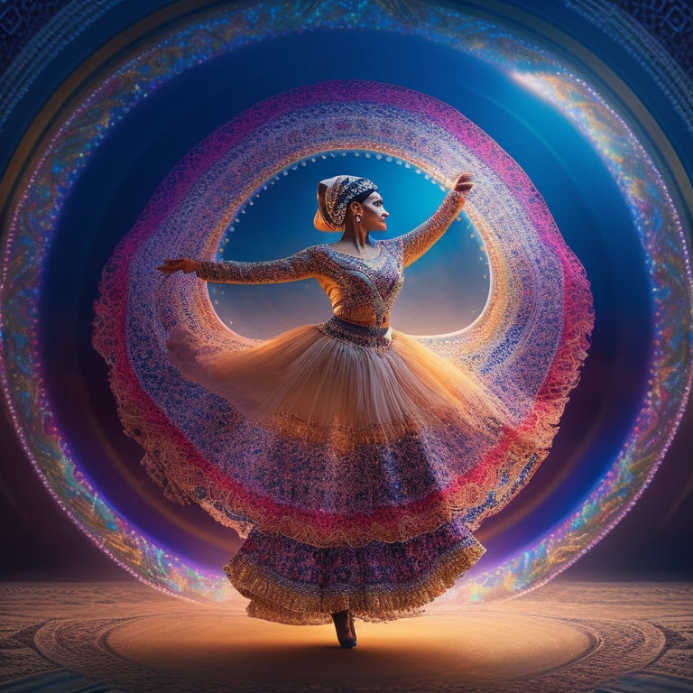 A mesmerizing illustration of a dancer in mid-motion, surrounded by swirling patterns of traditional Arabic geometric shapes, with intricate rhythms and loops visualized as vibrant, pulsing lights.