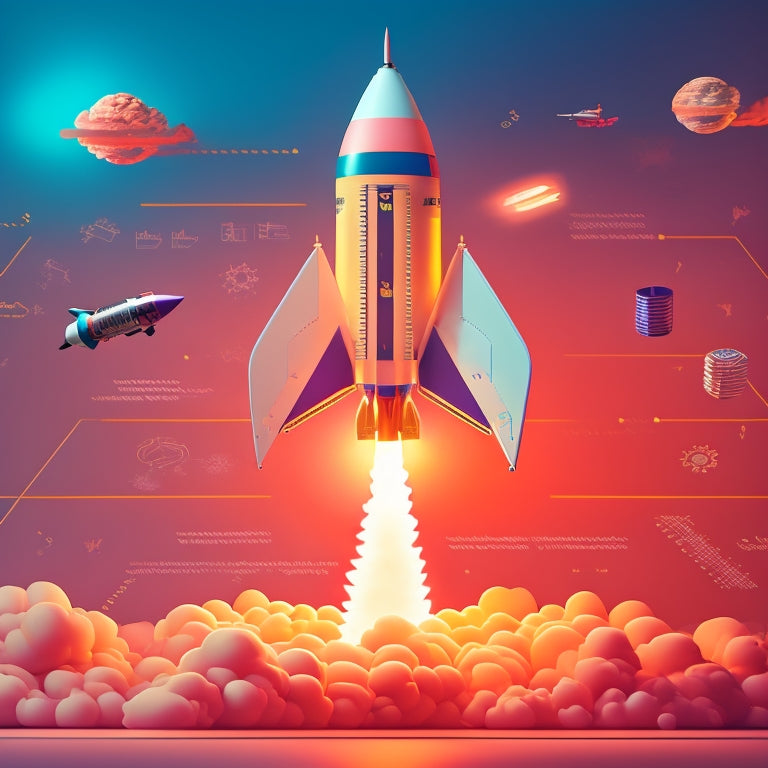 An illustration of a rocket ship soaring upwards, surrounded by coding symbols and gears, with Laravel's stylized "L" and Bootstrap's grid system integrated into the rocket's design.