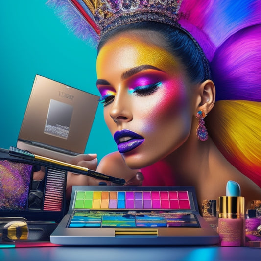 A colorful illustration featuring a makeup brush stroking a dancer's face, surrounded by laptops, makeup palettes, and dance shoes, blending the worlds of dance and beauty.