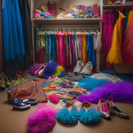 A colorful, cluttered dressing room with dance costumes scattered about: tutus, leotards, and sequined tops hang from hooks or lie crumpled on the floor amidst scattered dance shoes and accessories.