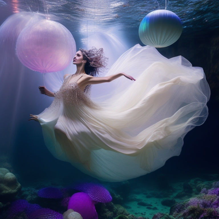 An ethereal dancer, draped in iridescent fabrics, suspended mid-air amidst undulating seaweed, surrounded by glowing jellyfish and shimmering oceanic orbs, as if defying gravity in an underwater realm.