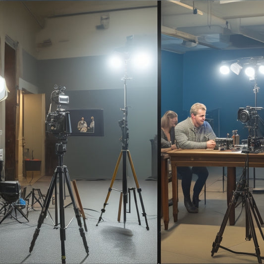 A split-screen image featuring a well-lit, organized film set on one side and a cluttered, dimly lit space on the other, with a tripod, camera, and instructor in the background.