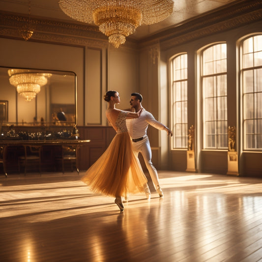 A warm, golden-lit dance studio with polished wooden floors, surrounded by mirrors and ballet bars, featuring a couple in elegant attire, poised in a dramatic, twirling dance move.