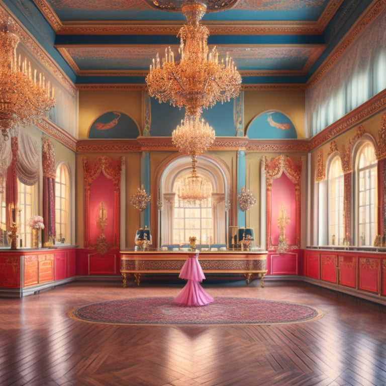 A whimsical illustration of a grand, ornate dance studio with a chandelier, floor-to-ceiling mirrors, and a beautifully polished wooden floor, surrounded by scattered dance shoes and flowing fabrics.