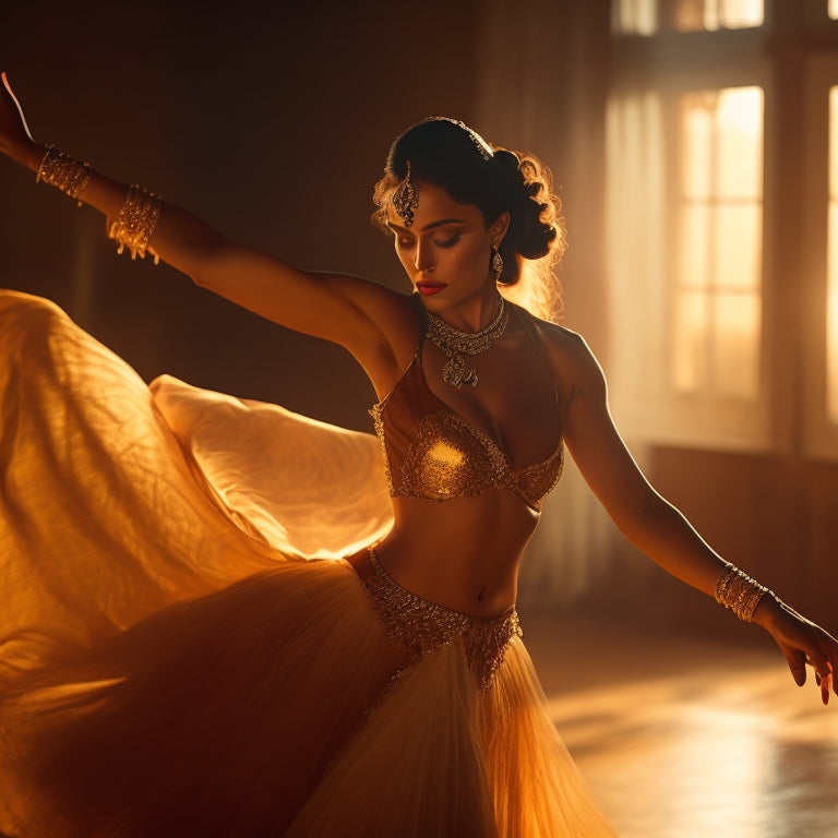A warm, golden-lit studio with a lone dancer, her body adorned with intricate jewelry and flowing silk, her arms extended, and her hips swaying to an unheard rhythm.