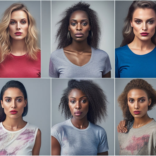 A split-screen image featuring six identical female torsos, each wearing a different makeup-themed t-shirt, showcasing diverse styles such as bold graphics, watercolor, minimalist, abstract, illustrative, and distressed prints.