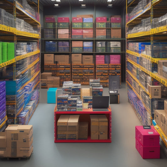 A colorful, clutter-free illustration of a digital product warehouse, featuring rows of shelves stacked with CDs, DVDs, and USB drives, surrounded by laptops, smartphones, and tablets.