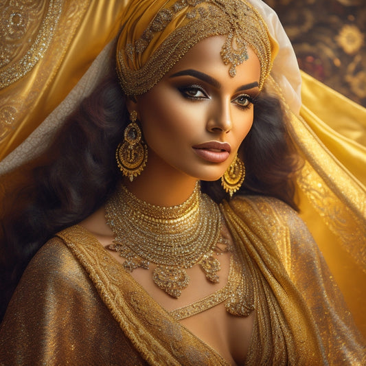 A vibrant, golden-hued background with intricate, swirling patterns, adorned with a few strategically placed, shimmering scarves, and a delicate, ornate belly dance costume, with a subtle, mystical glow.