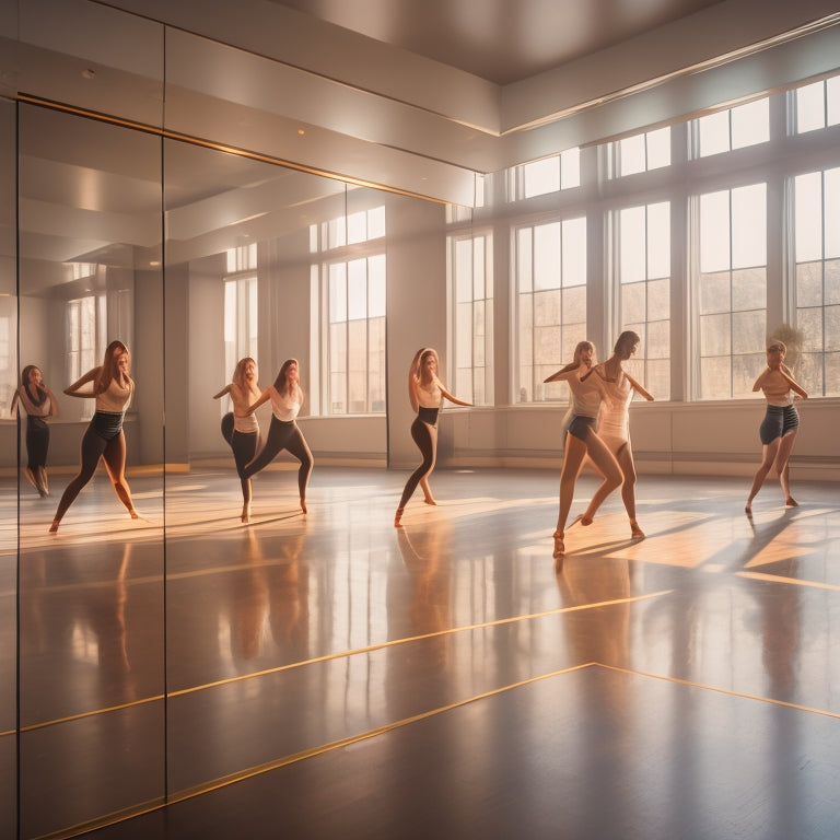 A spacious dance studio with mirrored walls, where dancers in various poses and movements are reflected infinitely, creating a kaleidoscope of bodies in motion, surrounded by subtle shadows and soft, warm lighting.