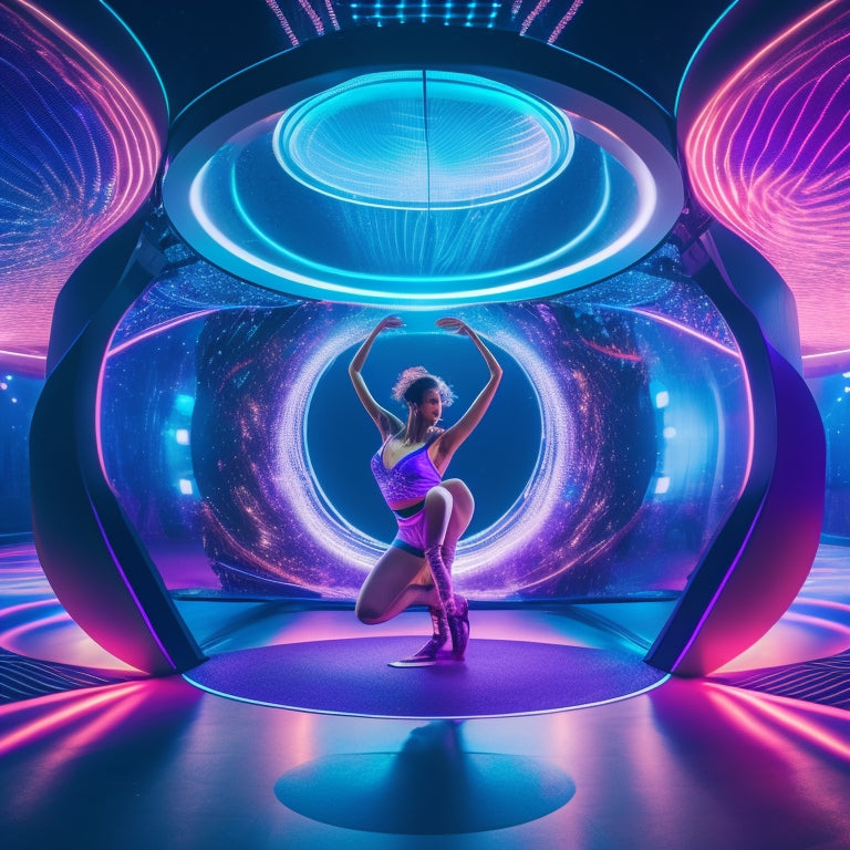 A futuristic dance studio with a virtual reality headset-wearing dancer in mid-air, surrounded by swirling lights, mirrors, and screens displaying virtual dance floors and instructors.