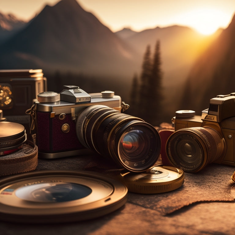 A warm, golden-lit camera lens, surrounded by scattered Polaroids of breathtaking landscapes, with a few vintage cameras and film reels in the background, casting a nostalgic glow.
