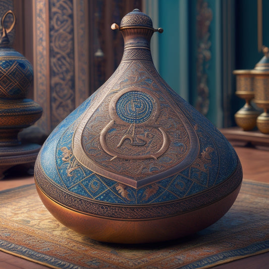 A mesmerizing illustration of an oud instrument surrounded by swirling patterns of Middle Eastern-inspired geometric shapes, with rhythmic waves and musical notes dancing around it.