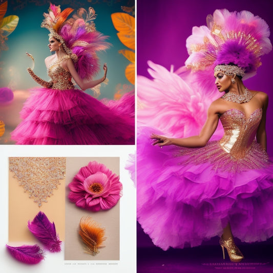 A vibrant, dreamy illustration featuring a central dance costume design inspiration board surrounded by floating fabrics, sequins, feathers, and flowers in shades of pink, purple, and gold.