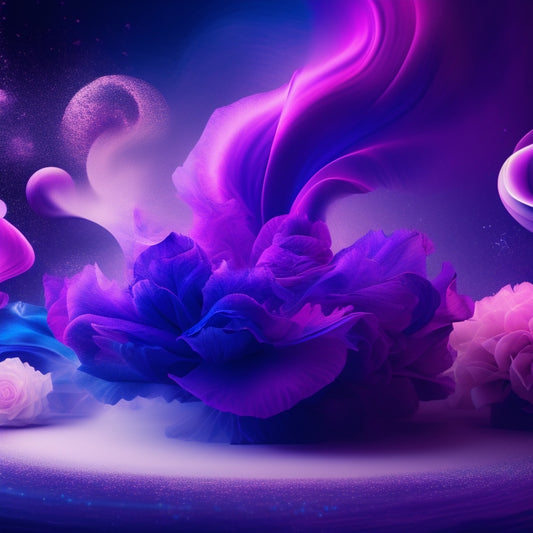 A vibrant, abstract illustration featuring swirling dance-inspired shapes in shades of pink, blue, and purple, with subtle sparkle and glitter accents, set against a dark, misty background.