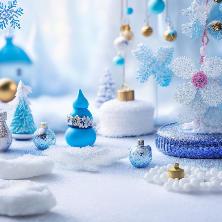 A whimsical winter wonderland scene featuring a colorful array of frozen-themed crafts, including ice skate ornaments, snowflake decorations, and frosty-colored beads scattered across a snowy white background.