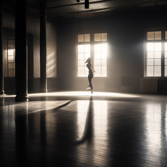 A dimly lit dance studio with a single, faint spotlight casting long shadows on the walls, a lone dancer in the center, surrounded by faint outlines of music notes and dance shoes.