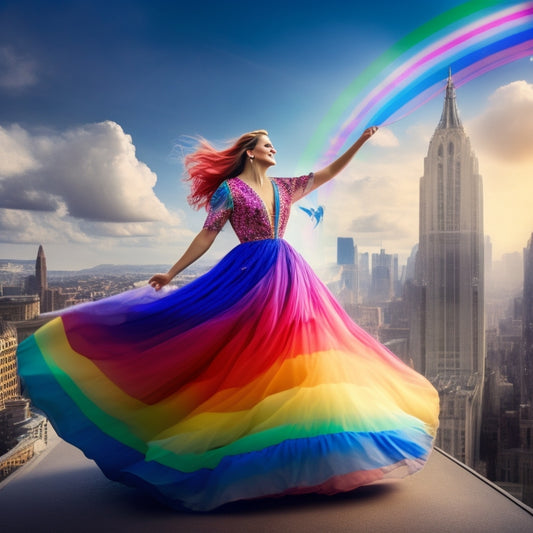A whimsical illustration of a woman twirling in a flowing, rainbow-colored dress, surrounded by swirling clouds and music notes, with a subtle cityscape in the background, conveying joy and resilience.