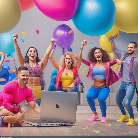 A vibrant, energetic illustration of a diverse group of people dancing in front of laptops, with colorful exercise balls, dumbbells, and yoga mats scattered around, surrounded by confetti and balloons.