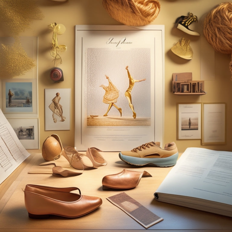 A warm-toned illustration of a dance studio with a ballet barre, a few scattered dance shoes, and a open binder or folder with sheets of music and dance notation scattered around it, surrounded by subtle, swirling patterns of movement.