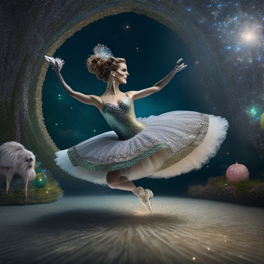 A whimsical illustration featuring a ballerina in a flowing tutu, surrounded by swirling Celtic knot patterns, with sparkling Irish dance shoes and a sprinkle of glittering fairy dust around her.