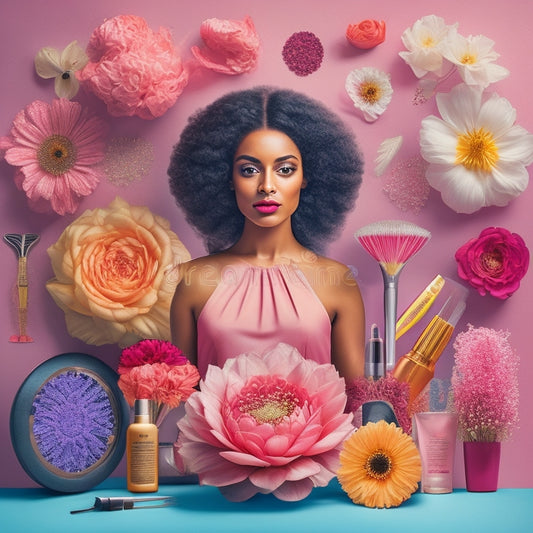 A stylized illustration of a woman standing in front of a massive, blooming flower with petals shaped like various cosmetology tools, surrounded by subtle hints of salon equipment and beauty products.