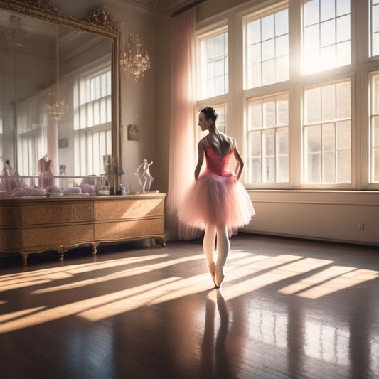 A serene ballet studio, sunlight streaming through large windows, showcasing an elegant dancer gracefully trying on various pointe shoes, surrounded by colorful shoe boxes, ribbons, and a vintage mirror reflecting her focused expression.