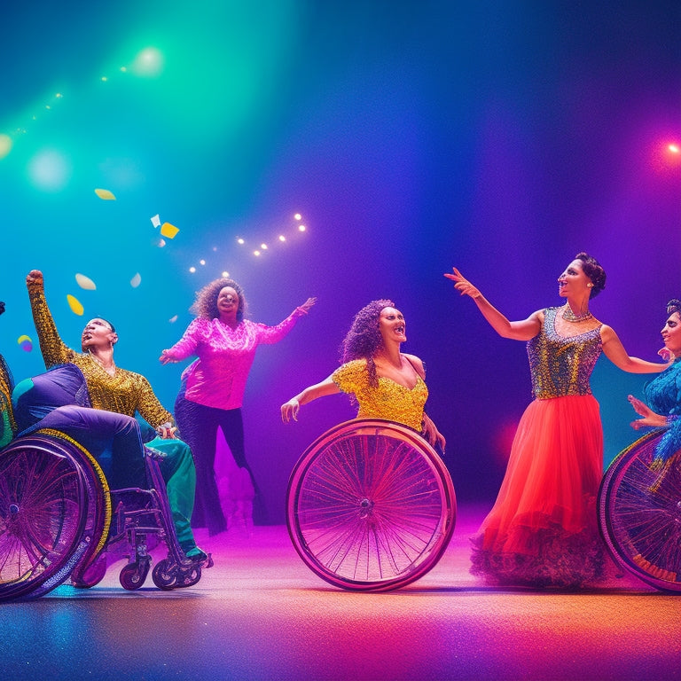 A vibrant, dynamic illustration depicting a diverse group of wheelchair dancers in mid-performance, surrounded by spotlights, confetti, and colorful balloons, set against a darkened theater background.