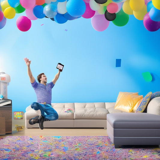 A whimsical illustration of a gamer surrounded by floating musical notes, confetti, and balloons, with a Nintendo Wii remote and a TV screen displaying a Just Dance game in the background.