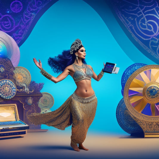 A stylized illustration of a belly dancer in motion, surrounded by digital devices and abstract shapes representing event management tools, with a subtle Middle Eastern-inspired patterned background.