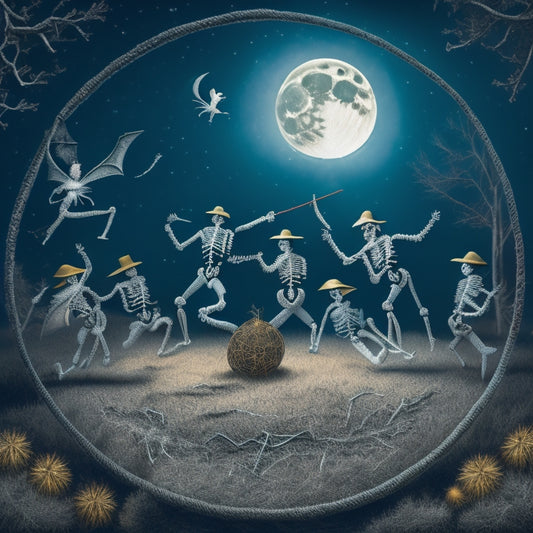 A whimsical illustration featuring a group of skeletons, each with a unique vintage-inspired outfit, dancing in a circle under a full moon, surrounded by cobwebs, bats, and spider webs.