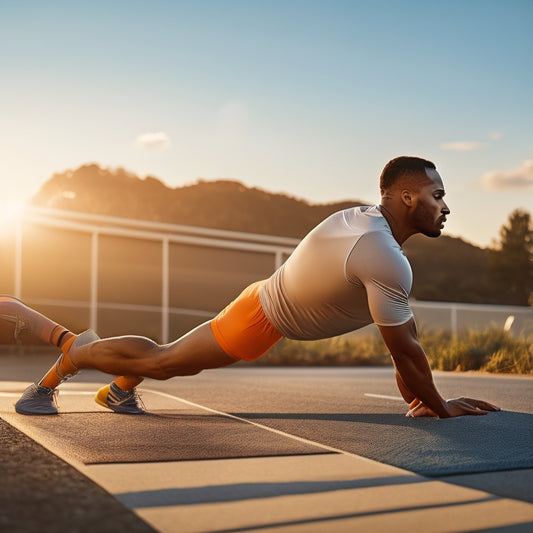 An illustration of a person stretching in a bright, serene environment, surrounded by subtle hints of athletic gear and a faint outline of a human skeleton in the background.